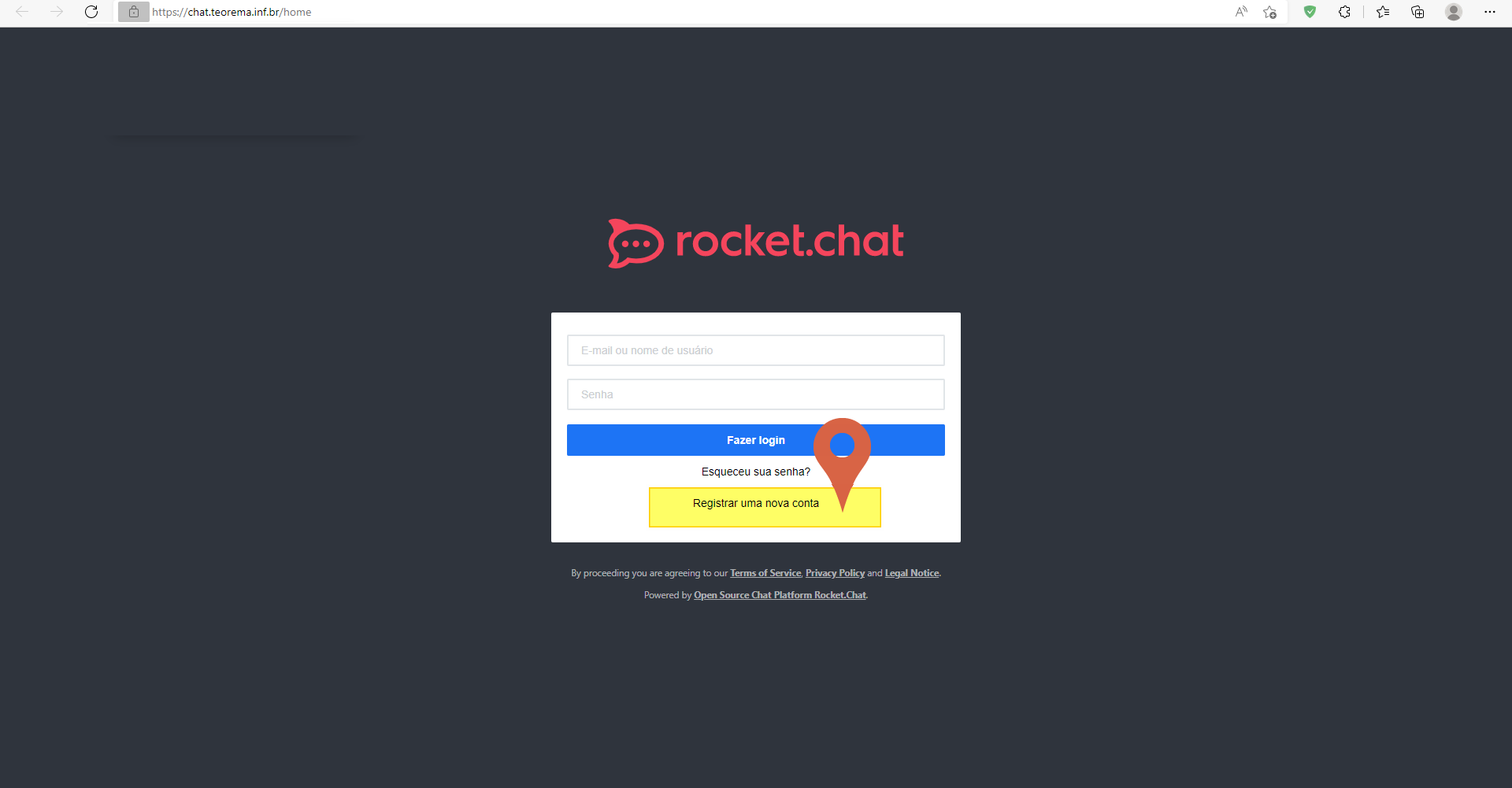 Tela de login do Rocket.Chat em chat.teorema.inf.br com campos "E-mail ou nome de usuário" e "Senha", botão "Fazer login" e link "Registrar uma nova conta" destacado