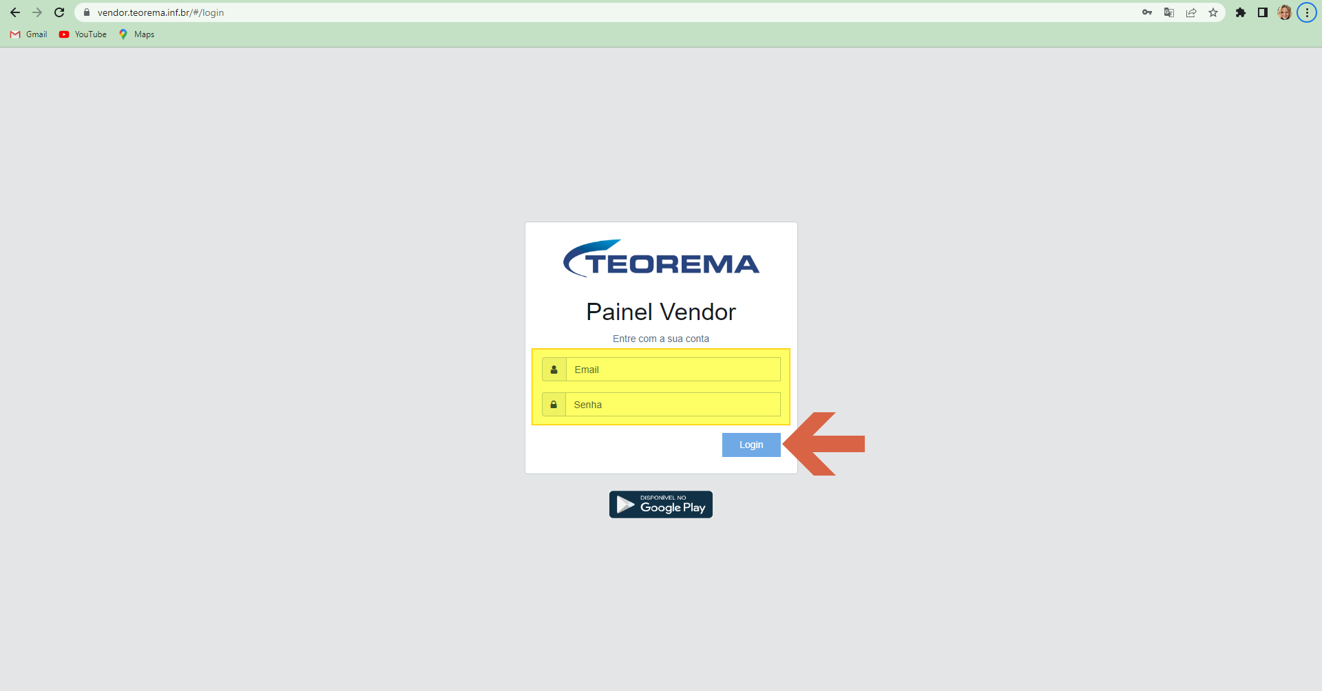 Tela de login do Painel Vendor com campos Email e Senha e botão Login