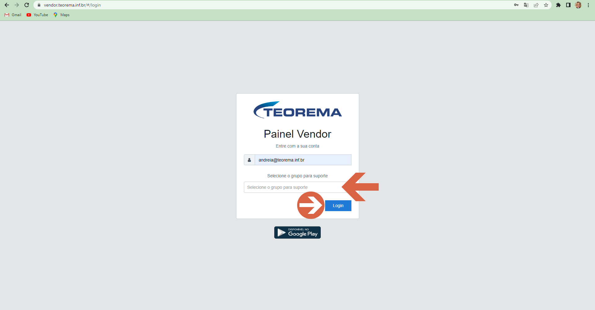 Tela de login do Painel Vendor com campo de grupo preenchido e botão Login