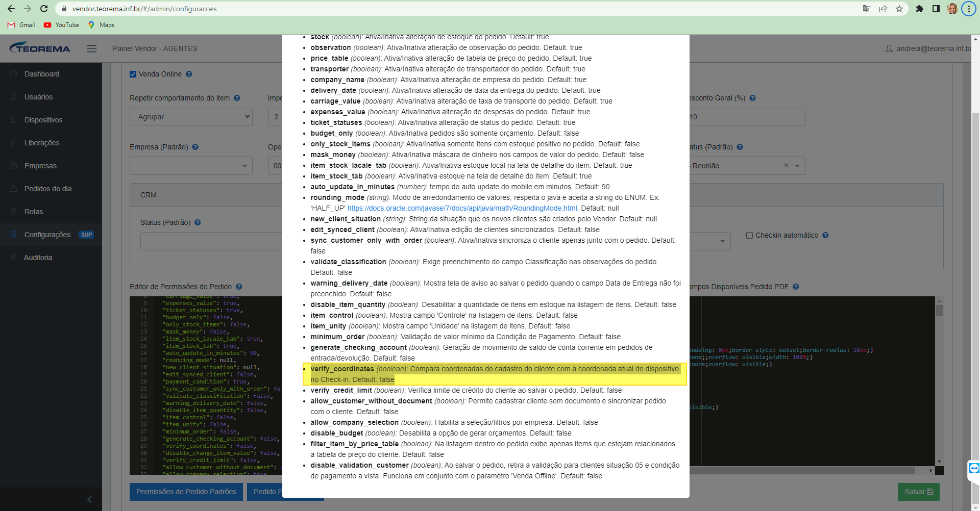 Lista de parâmetros de configuração da empresa no Painel Vendor