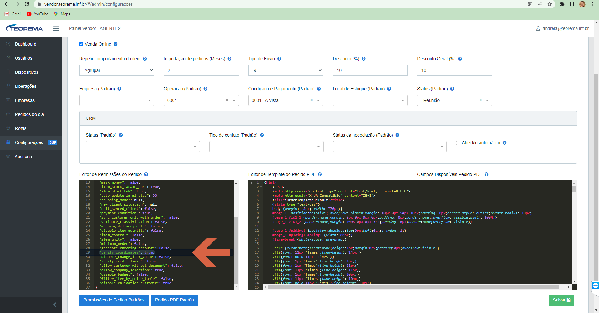 Parâmetro verify_coordinates destacado na lista de configurações do Painel Vendor