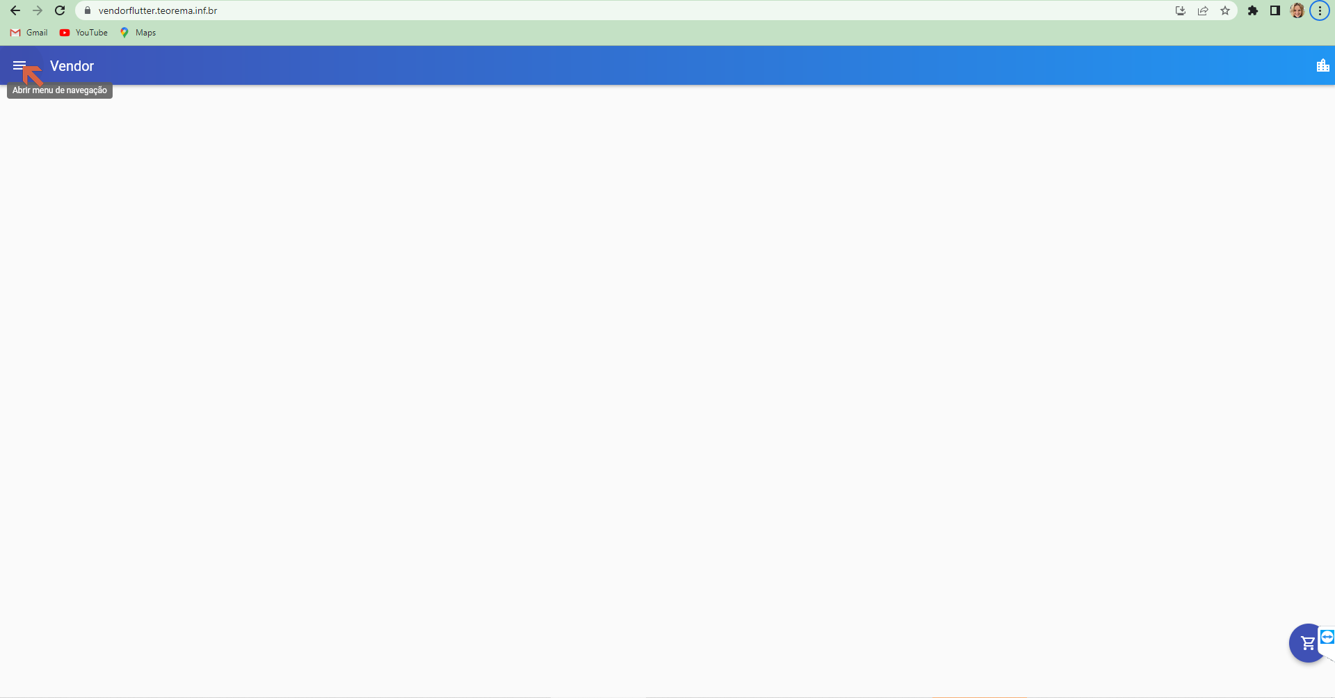 Tela principal do Vendor Flutter com tooltip "Abrir menu de navegação" no canto superior esquerdo