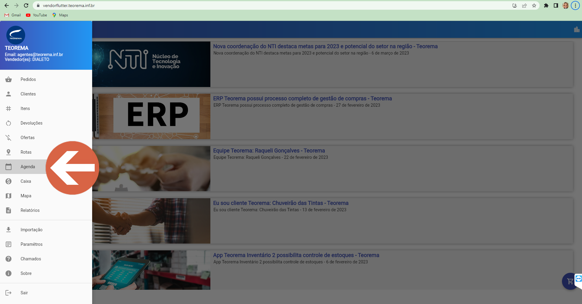 Menu lateral do Vendor Flutter com opção Agenda visível na lista de itens