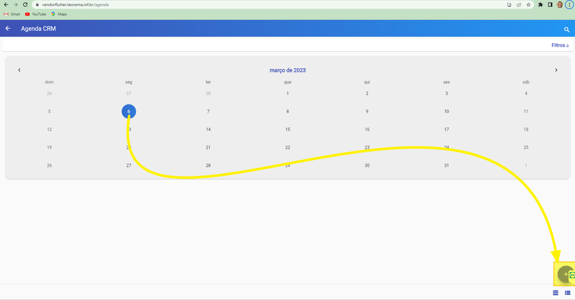 Calendário da Agenda CRM no Vendor Flutter exibindo março de 2023 com botão de inclusão no canto inferior direito