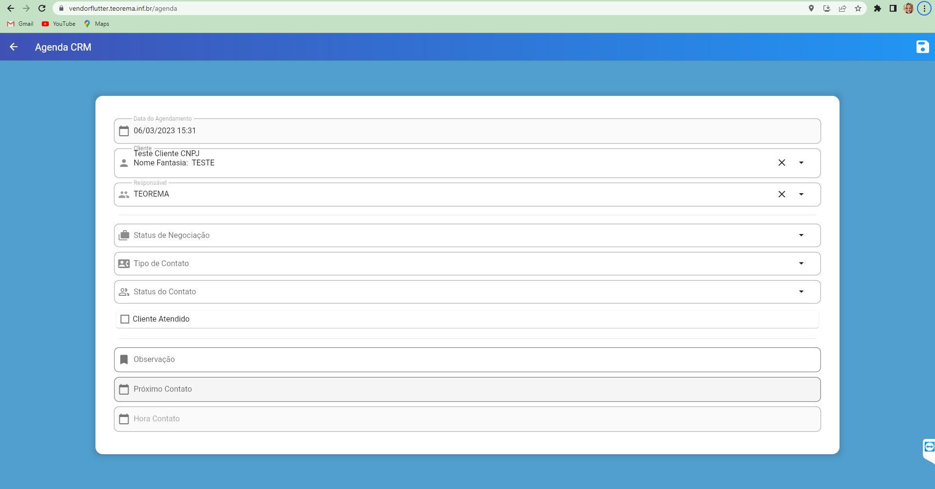 Formulário Agenda CRM com campos Data do Agendamento, Cliente, Responsável, Status de Negociação, Tipo de Contato, Status do Contato, Cliente Atendido, Observação, Próximo Contato e Hora Contato