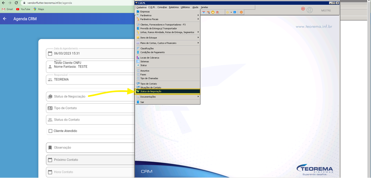 Menu do CRM desktop com caminho Cadastros destacado e submenu mostrando opção Status de Negociação selecionada
