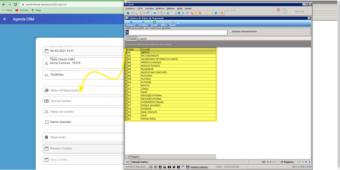 Janela Cadastro de Status de Negociação no CRM com lista de 21 registros, incluindo ABERTO, EM ATENDIMENTO, AGUARDANDO RETORNO DO CLIENTE, PROPOSTA ENVIADA, NEGOCIO FECHADO, REAGENDAR, entre outros