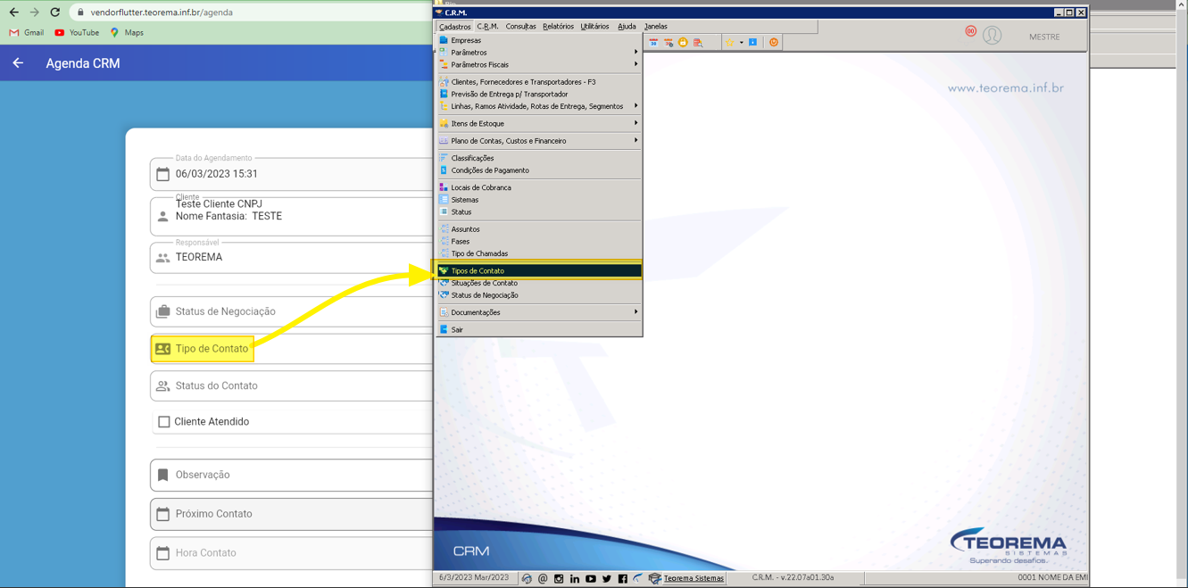 Menu do CRM desktop com caminho Cadastros destacado e submenu mostrando opção Tipos de Contato selecionada