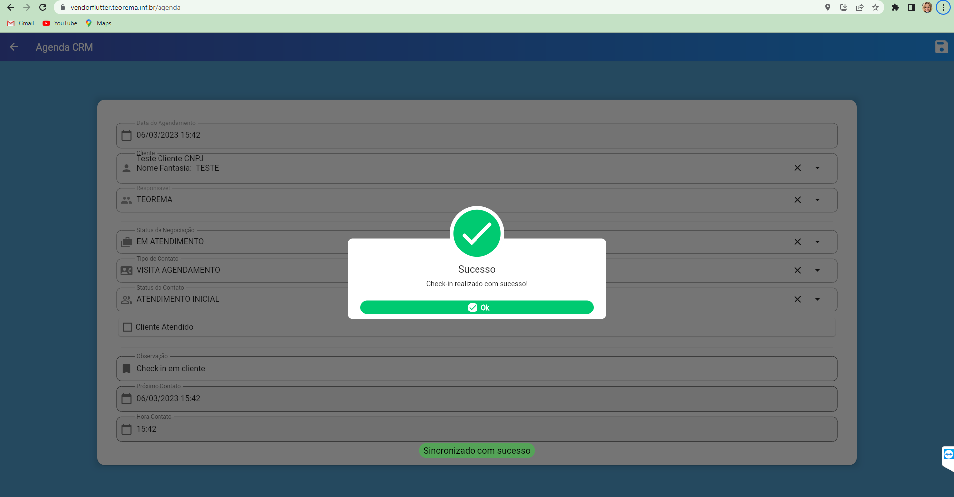 Diálogo de confirmação com ícone de sucesso e mensagem "Check-in realizado com sucesso!" e botão Ok