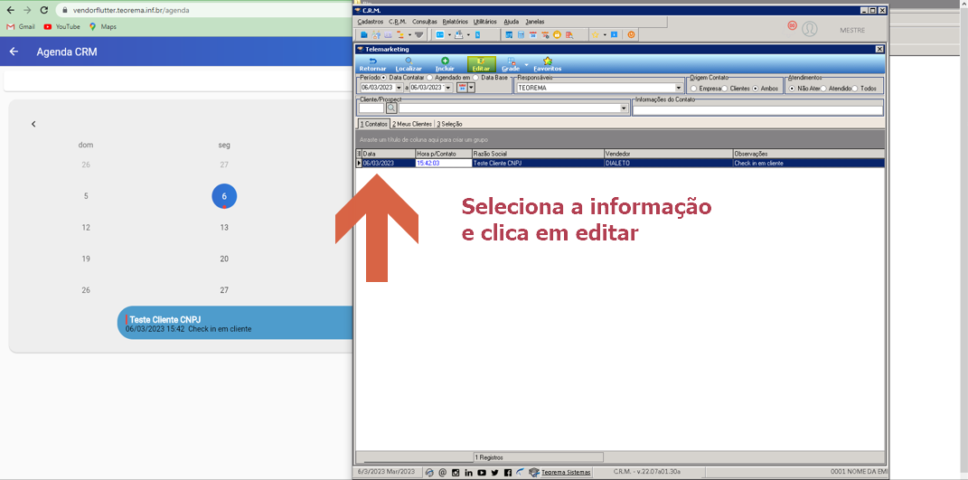 Tela Telemarketing do CRM com registro de contato exibindo data 06/03/2023, hora 15:42:03, Razão Social do cliente e coluna Observações