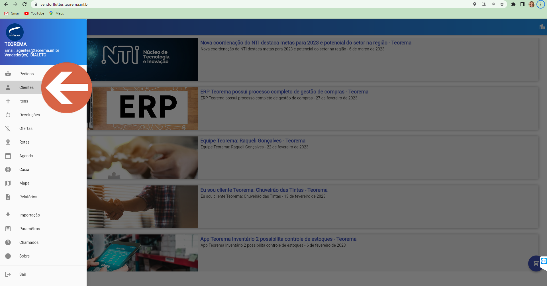 Menu lateral do Vendor Flutter com opção Clientes destacada