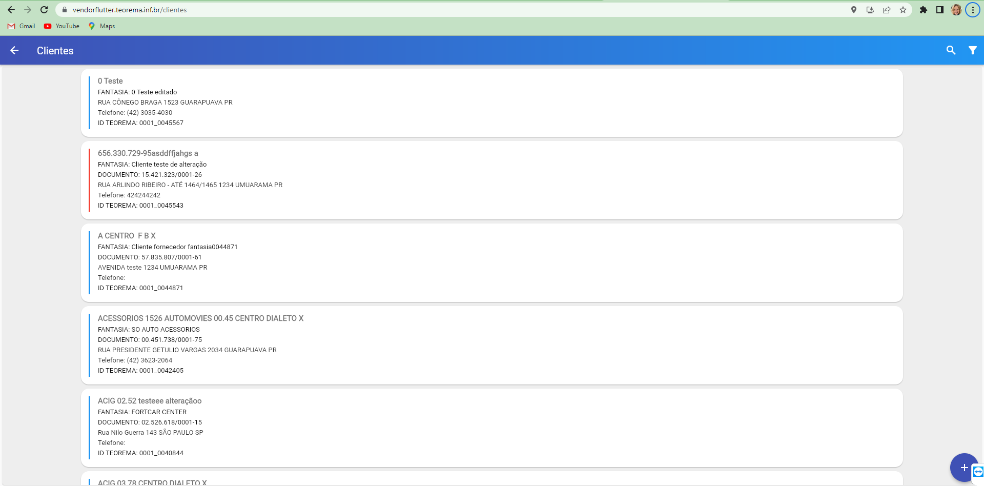 Tela Clientes do Vendor Flutter com lista de clientes cadastrados exibindo nome, fantasia, documento, endereço e ID Teorema