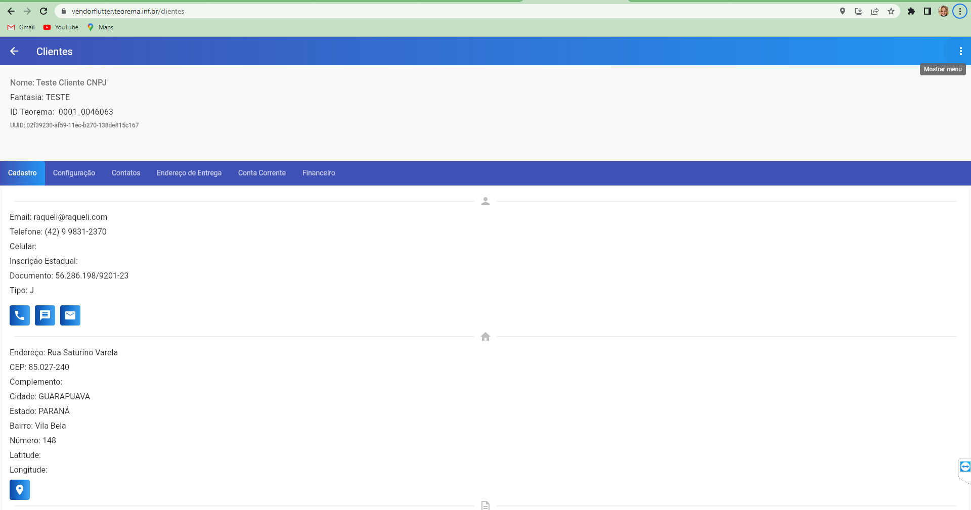 Ficha do cliente no Vendor Flutter com campos Latitude e Longitude vazios e tooltip "Mostrar menu" visível