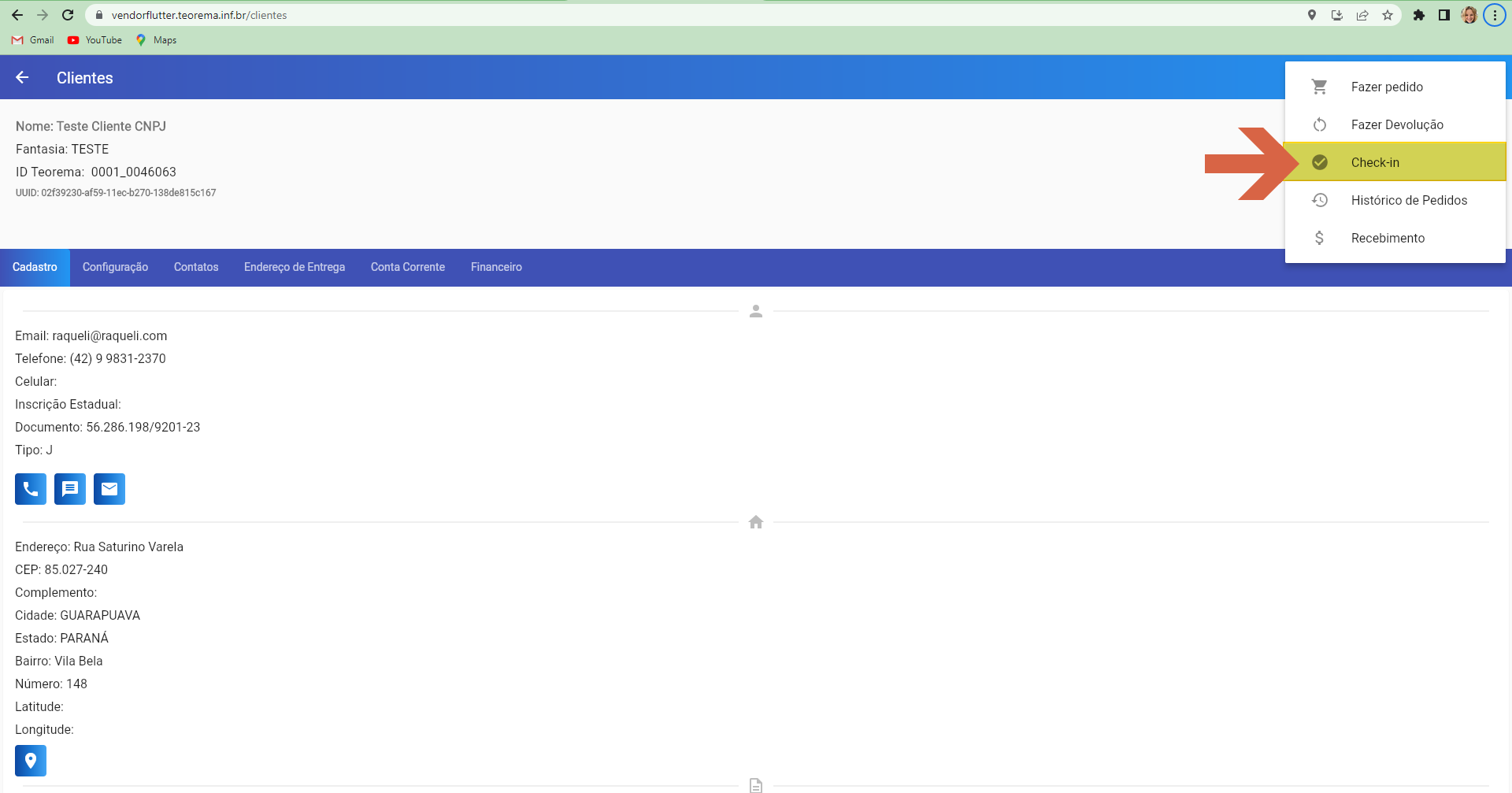 Menu de ações do cliente no Vendor Flutter com opções Fazer pedido, Fazer Devolução, Check-in (destacado), Histórico de Pedidos e Recebimento