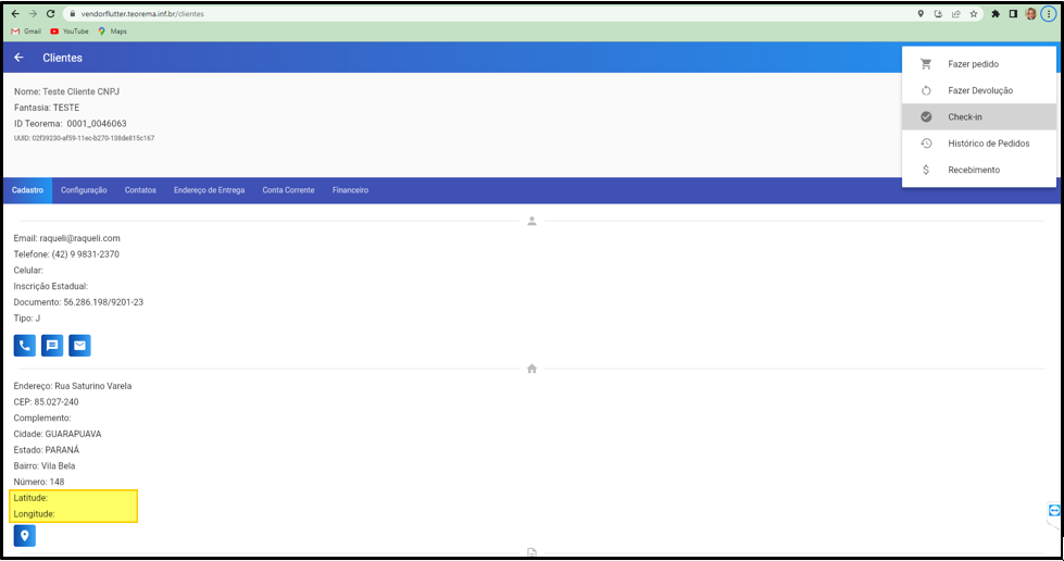 Ficha do cliente no Vendor Flutter com campos Latitude e Longitude vazios destacados e menu de ações com Check-in visível