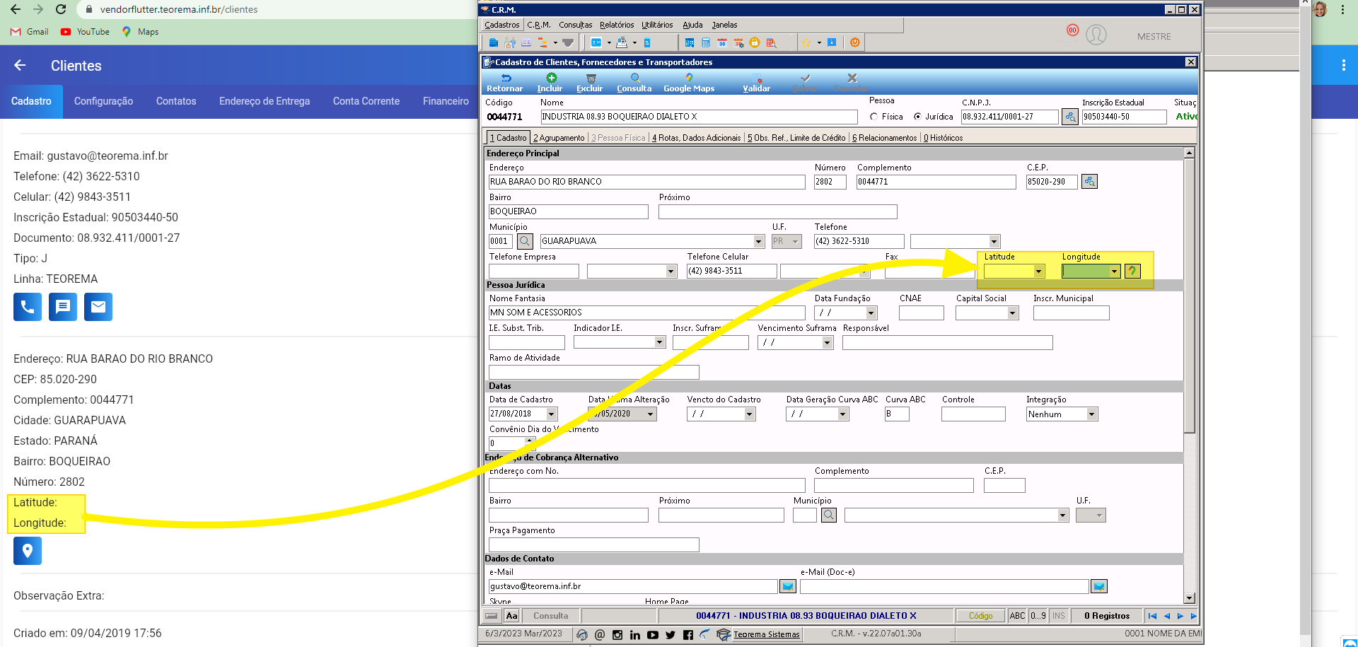 Ficha do cliente no Vendor Flutter sobreposta pela tela de Cadastro de Clientes/Fornecedores/Transportadores no CRM com os campos Latitude e Longitude na aba Cadastro
