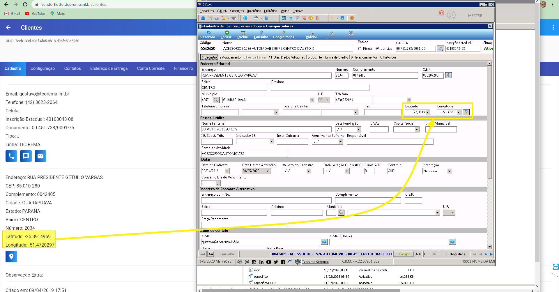 Tela de Cadastro de Clientes/Fornecedores/Transportadores no CRM com valores de Latitude e Longitude preenchidos nos campos correspondentes
