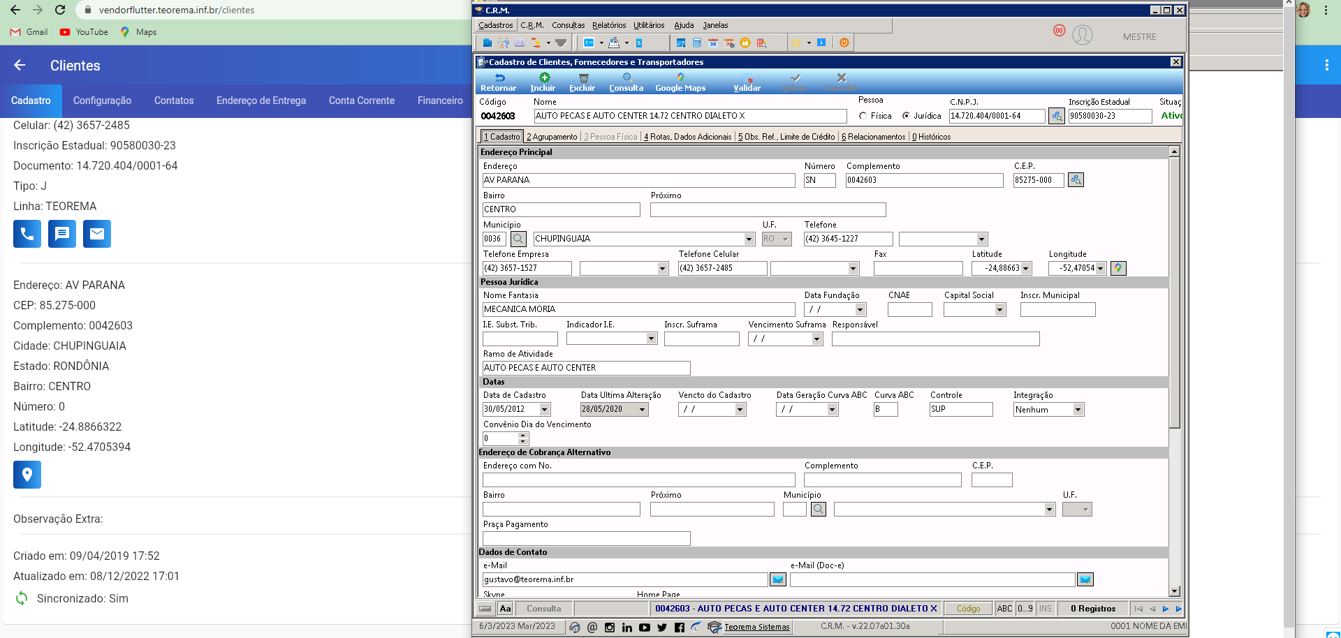 Ficha do cliente no Vendor Flutter com campos Latitude e Longitude preenchidos e tela do CRM desktop com dados do cliente visíveis