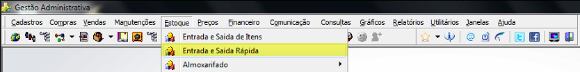 Menu Gestão Administrativa com o submenu Estoque expandido, exibindo as opções "Entrada e Saída de Itens", "Entrada e Saída Rápida" (destacada) e "Almoxarifado"