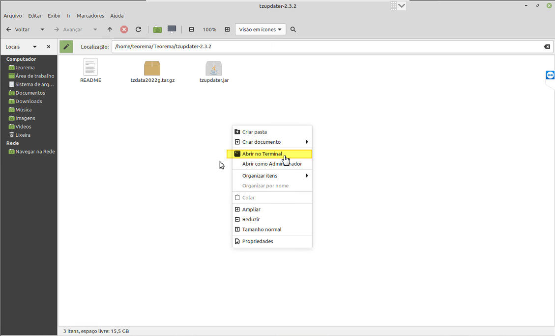 Gerenciador de arquivos Linux com menu de contexto aberto na pasta tzupdater-2.3.2, exibindo as opções "Criar pasta", "Criar documento", "Abrir no Terminal" (destacado), "Abrir como Administrador", "Organizar itens", "Organizar por nome", "Colar", "Ampliar", "Reduzir", "Tamanho normal" e "Propriedades"