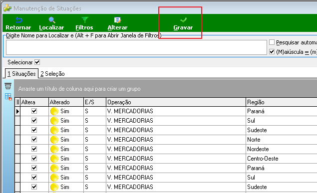 Tela Manutenção de Situações com botão Gravar destacado na barra de ferramentas e lista de situações com Alterado = Sim visível