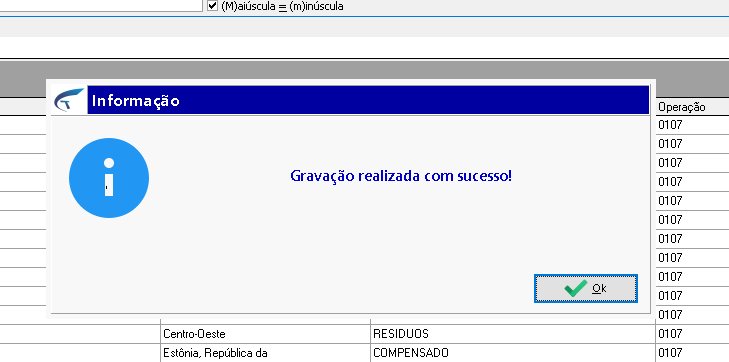 Caixa de diálogo Informação com mensagem Gravação realizada com sucesso e botão Ok