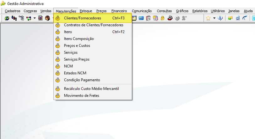 Menu Manutenções do módulo Gestão Administrativa com o item Clientes/Fornecedores destacado e atalho Ctrl+F3 visível; demais opções listadas: Contratos de Clientes/Fornecedores, Itens, Itens Composição, Preços e Custos, Serviços, Serviços Preços, NCM, Estados NCM, Condição Pagamento, Recálculo Custo Médio Mercantil, Movimento de Fretes