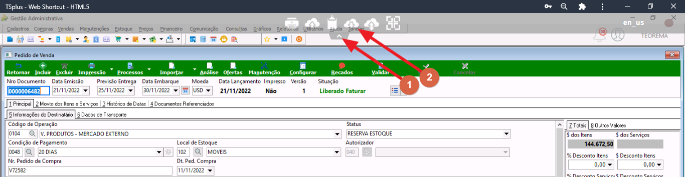 Tela do Pedido de Venda no TSplus, com a barra superior do módulo Gestão Administrativa exibindo os botões "From server to PC" destacados por setas vermelhas e numerados 1 e 2