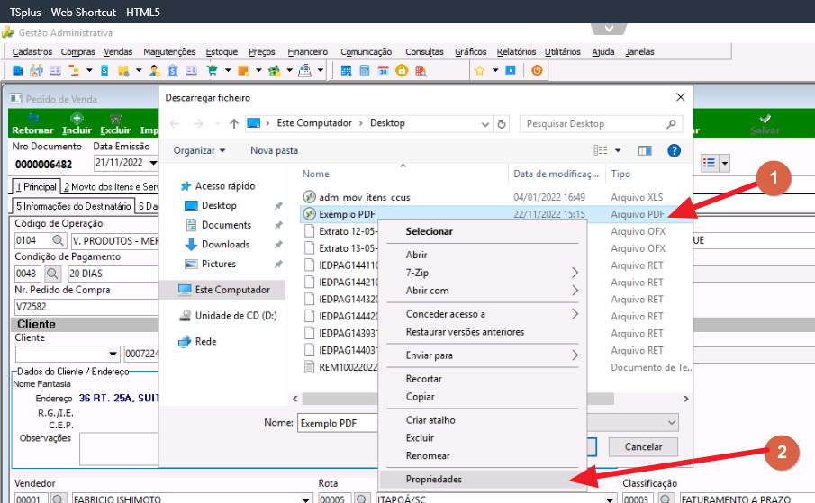 Janela "Descarregar ficheiro" aberta sobre o Pedido de Venda, mostrando lista de arquivos no Desktop com o arquivo "Exemplo PDF" selecionado e menu de contexto exibindo a opção "Propriedades" destacada pela seta vermelha (marcador 2)