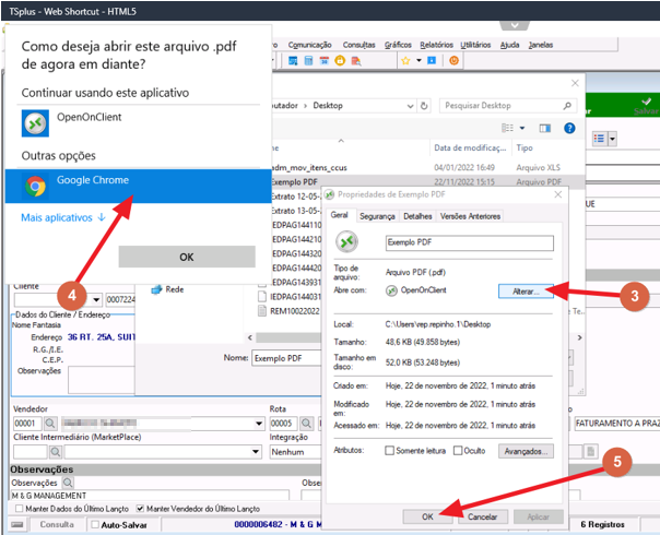 Janelas sobrepostas: "Propriedades de Exemplo PDF" com o campo "Abre com: OpenOnClient" e botão "Alterar..." destacado (marcador 3); janela "Como deseja abrir este arquivo .pdf" com "Google Chrome" selecionado e seta apontando para ele (marcador 4); botão OK na janela de propriedades destacado pela seta vermelha (marcador 5)