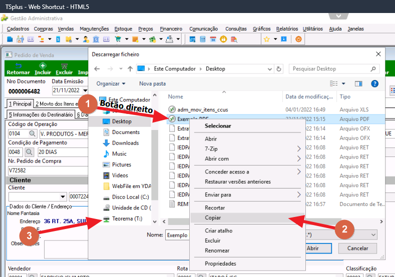 Janela "Descarregar ficheiro" com pasta Desktop aberta, arquivo PDF selecionado e menu de contexto exibindo as opções "Copiar" e "Criar atalho" destacadas pela seta vermelha (marcador 2)