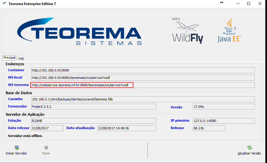 Tela do Servidor Doc-e Teorema Enterprise Edition 7 com abas Principal e Log; seção Endereços com campos Container, WS local e WS teorema preenchidos com endereços IP e porta 8080; seção Base de Dados com Caminho, Fornecedor Firebird 2.5.2 e Versão; seção Servidor de Aplicação com Estação, IP primário, Data release e Release; botões Iniciar Servidor, Parar e Atualizar Versão