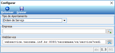 Tela Configurar do módulo Apontamento com campos Tipo de Apontamento (Ordem de Serviço), Empresa e WebService preenchido com endereço webservice.teorema.inf.br:8080; botões Retornar e Gravar na barra superior