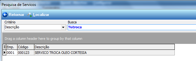 Tela Pesquisa de Serviços com campo Critério Descrição, campo Busca com valor %troca; grid com colunas Emp., Código e Descrição; linha mostrando 0001 / 000123 / SERVICO TROCA OLEO CORTESIA