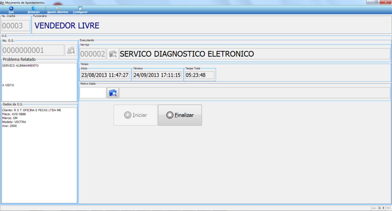 Tela Movimento de Apontamentos com No. Crachá 00003, Funcionário VENDEDOR LIVRE, OS 0000000001; Serviço 000002 SERVICO DIAGNOSTICO ELETRONICO; campos Início 23/08/2013 11:47:27, Término 24/09/2013 17:11:15 e Tempo Total 05:23:48 preenchidos; botão Iniciar inativo e botão Finalizar ativo