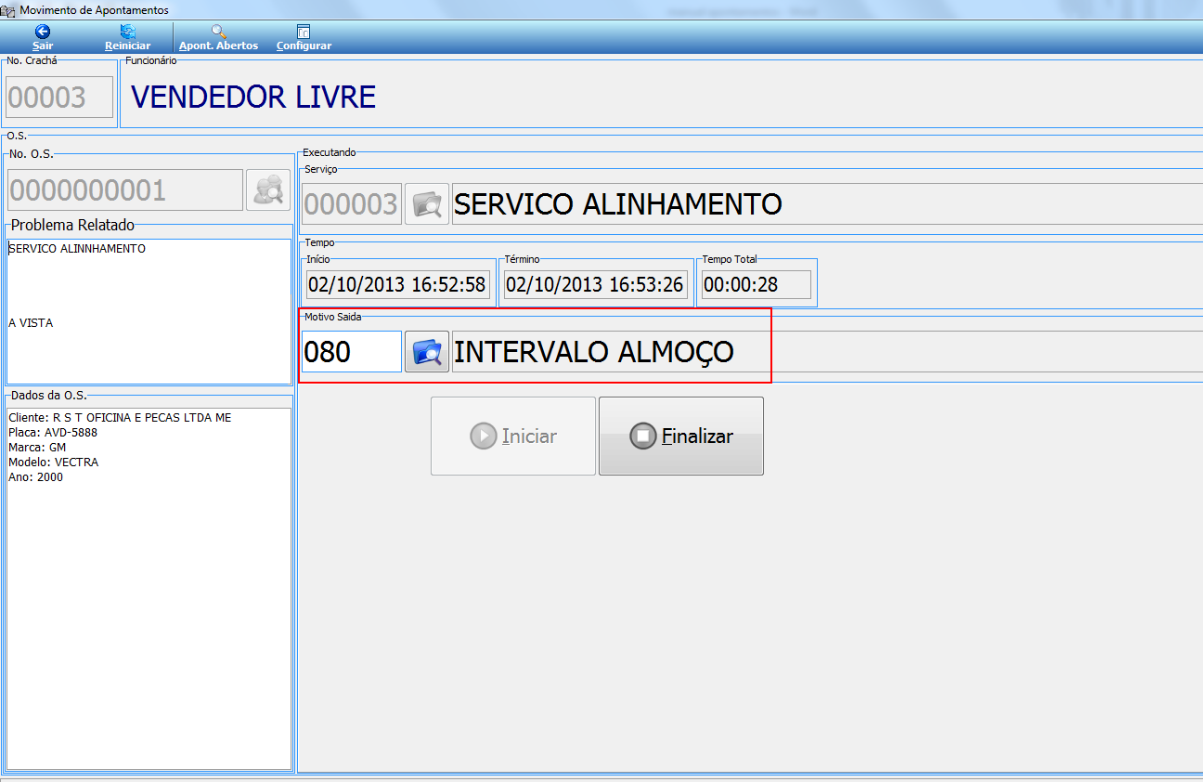 Tela Movimento de Apontamentos com No. Crachá 00003, Funcionário VENDEDOR LIVRE, OS 0000000001; Serviço 000003 SERVICO ALINHAMENTO; Início 02/10/2013 16:52:58, Término 02/10/2013 16:53:26, Tempo Total 00:00:28; campo Motivo Saída preenchido com 080 INTERVALO ALMOÇO destacado; botão Finalizar ativo