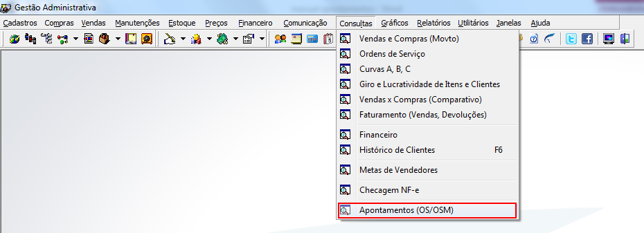 Menu do Gestão Administrativo com menu Consultas expandido; opções visíveis: Vendas e Compras (Movto), Ordens de Serviço, Curvas A B C, Giro e Lucratividade de Itens e Clientes, Vendas x Compras (Comparativo), Faturamento (Vendas, Devoluções), Financeiro, Histórico de Clientes, Metas de Vendedores, Checagem NF-e e Apontamentos (OS/OSM) destacada