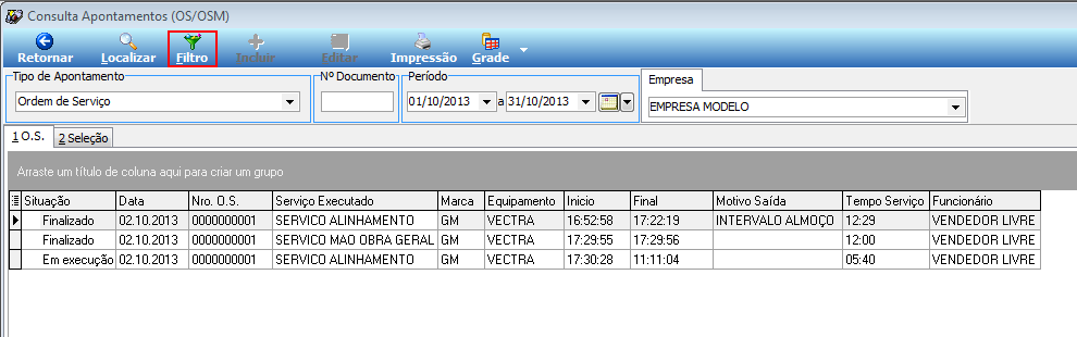 Tela Consulta Apontamentos (OS/OSM) com botões Retornar, Localizar, Filtro, Incluir, Editar, Impressão e Grade; campos de filtro Tipo de Apontamento Ordem de Serviço, Período 01/10/2013 a 31/10/2013 e Empresa EMPRESA MODELO; abas 1 O.S. e 2 Seleção; grid com colunas Situação, Data, Nro. O.S., Serviço Executado, Marca, Equipamento, Inicio, Final, Motivo Saída, Tempo Serviço e Funcionário; três linhas de resultado