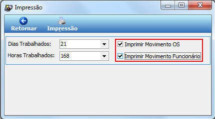 Tela Impressão com Dias Trabalhados 21, Horas Trabalhadas 168; checkboxes Imprimir Movimento OS e Imprimir Movimento Funcionário ambos marcados