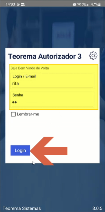 Tela de login do Teorema Autorizador 3 com campos "Login / E-mail" e "Senha", checkbox "Lembrar-me" e botão "Login" destacado