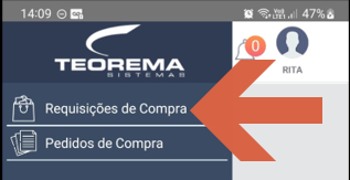Menu principal do APP Autorizador com a opção "Requisições de Compra" destacada por seta
