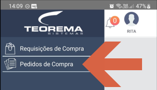 Menu principal do APP Autorizador com a opção "Pedidos de Compra" destacada por seta