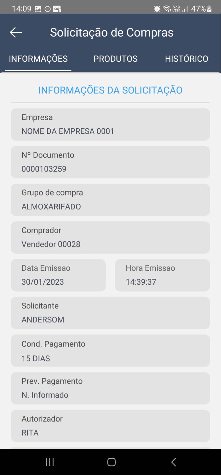 Aba "Informações" da tela "Solicitação de Compras" exibindo campos: Empresa (NOME DA EMPRESA 0001), Nº Documento (0000103259), Grupo de compra (ALMOXARIFADO), Comprador (Vendedor 00028), Data Emissao (30/01/2023), Hora Emissao (14:39:37), Solicitante (ANDERSOM), Cond. Pagamento (15 DIAS), Prev. Pagamento (N. Informado) e Autorizador (RITA)