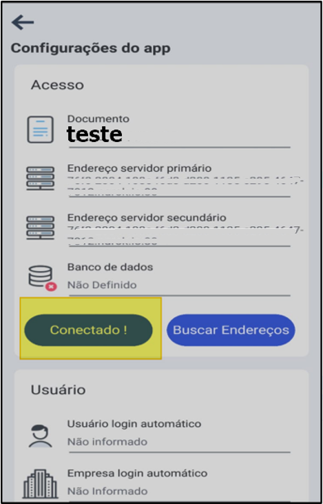 Tela "Configurações do app" com o botão de conexão exibindo "Conectado !" indicando conexão bem-sucedida