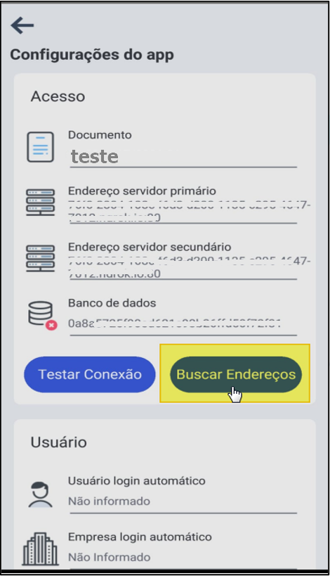 Tela "Configurações do app" com o botão "Buscar Endereços" em destaque