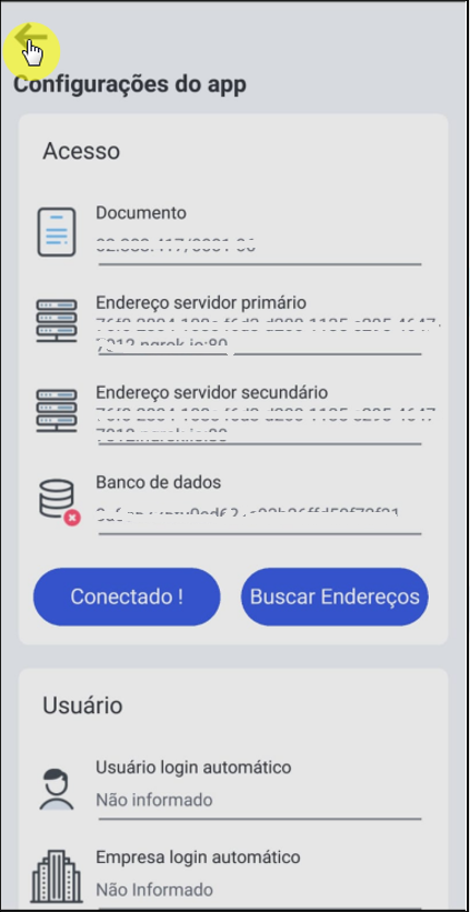 Tela "Configurações do app" após seleção do banco de dados, exibindo "Conectado !" e botão de retorno no canto superior esquerdo