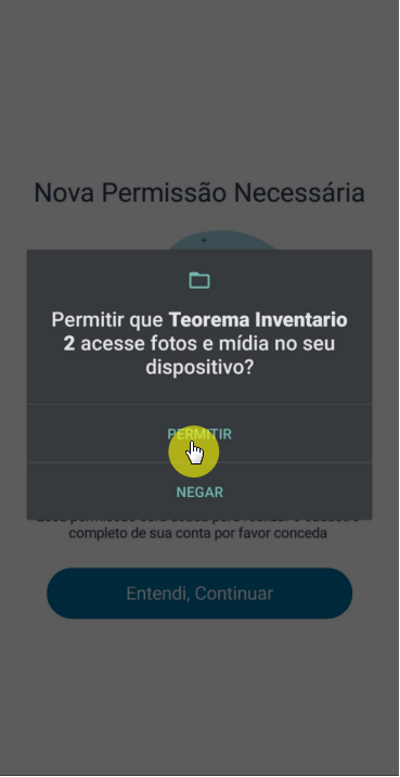 Diálogo do Android "Permitir que Teorema Inventario 2 acesse fotos e mídia no seu dispositivo?" com opções "DURANTE O USO DO APP", "APENAS ESTA VEZ" e "NEGAR"