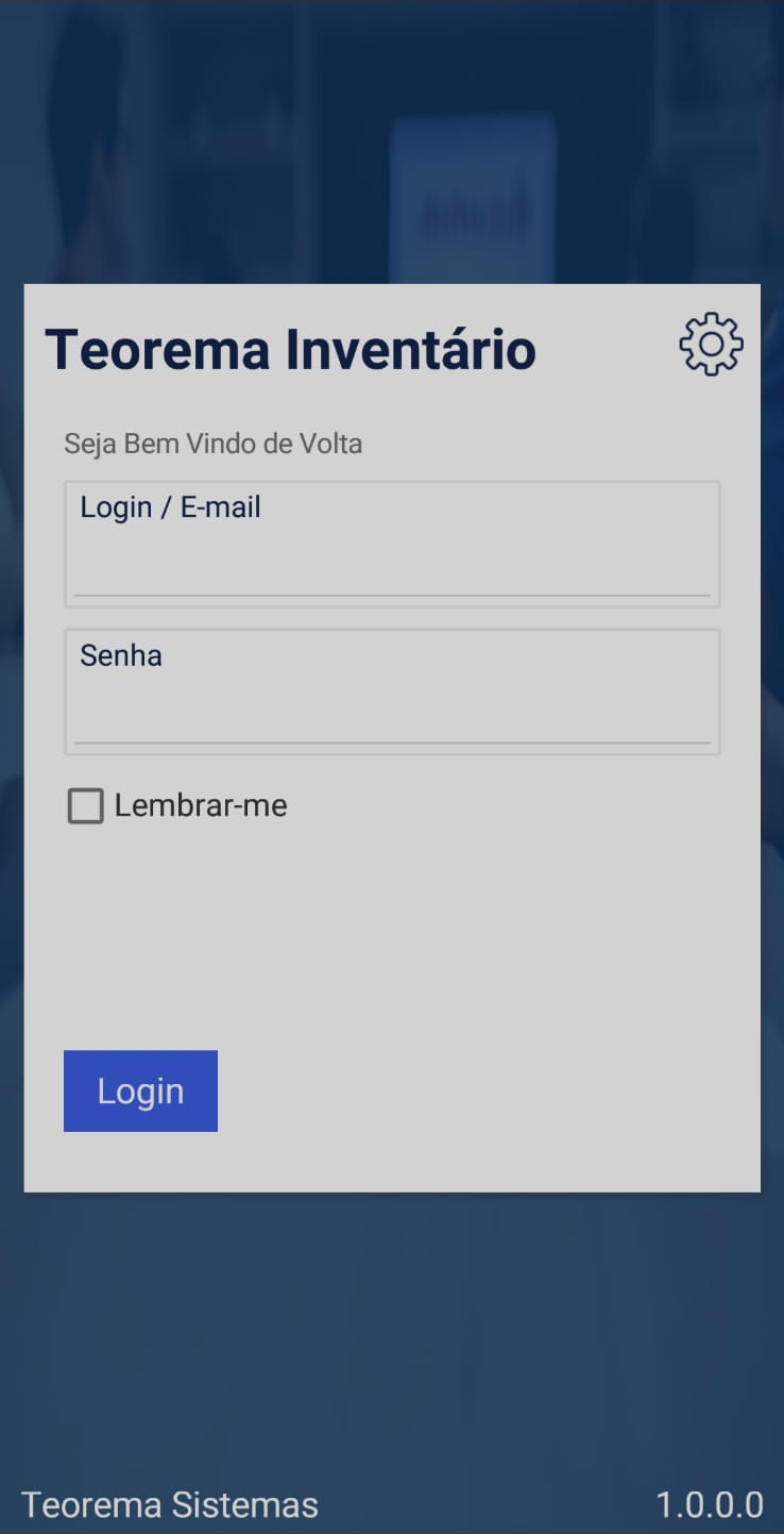 Tela de login do Teorema Inventário com campos "Login / E-mail", "Senha", checkbox "Lembrar-me" e botão "Login"