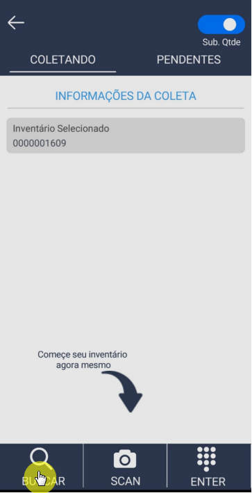 Tela "Busca de Itens" com campo de pesquisa, filtros "Descrição", "Código" e "Referê..." e lista de itens com código e descrição