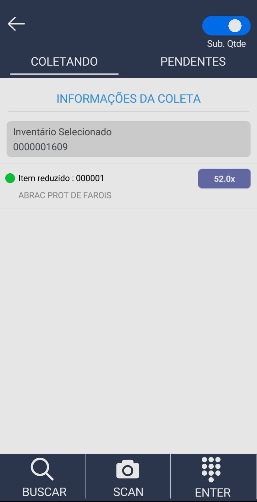 Aba "COLETANDO" exibindo "Item reduzido : 000001 — ABRAC PROT DE FAROIS" com quantidade 52.0x lançada